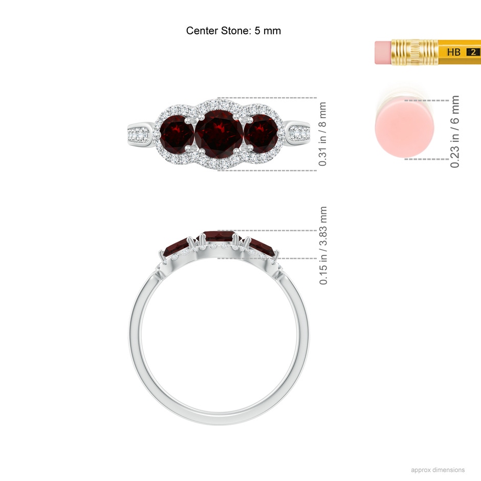 5mm A Floating Three Stone Garnet Ring with Diamond Halo in White Gold ruler