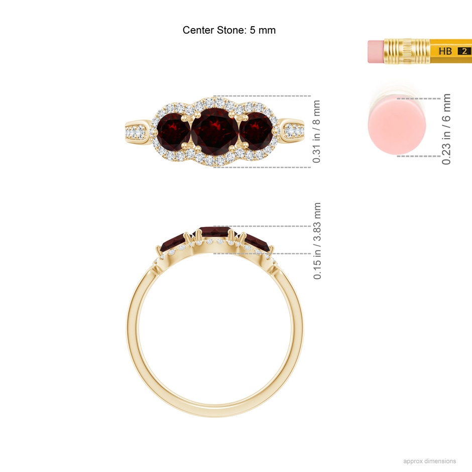 5mm A Floating Three Stone Garnet Ring with Diamond Halo in Yellow Gold ruler