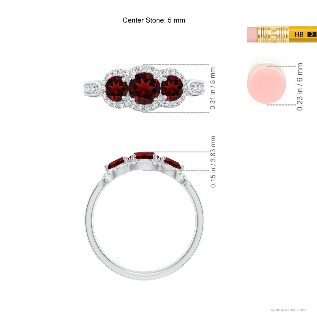 5mm AAA Floating Three Stone Garnet Ring with Diamond Halo in White Gold Ruler