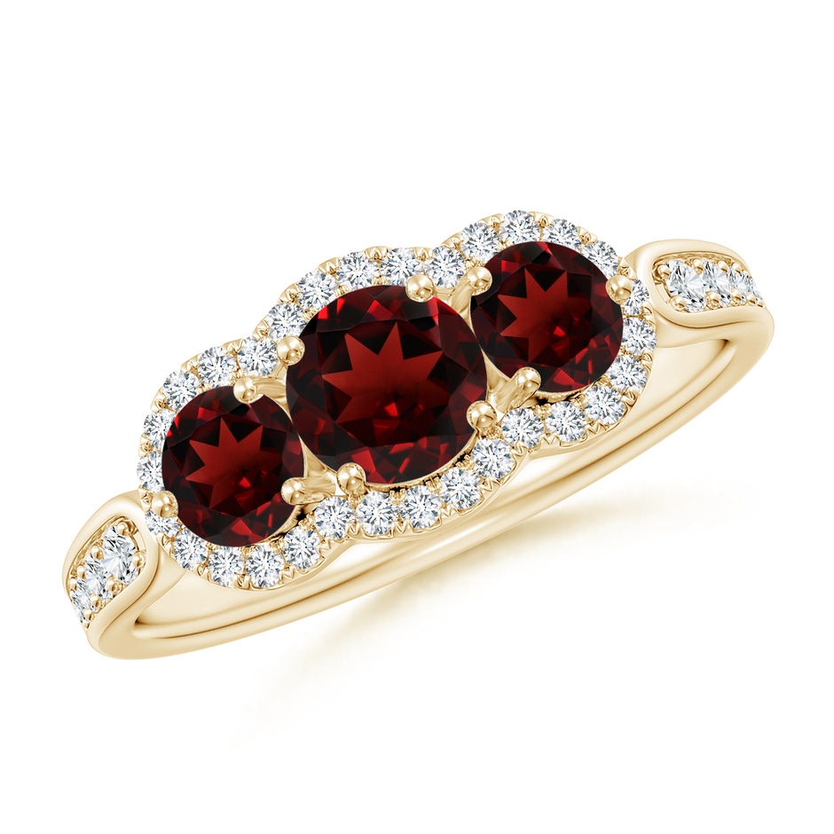 5mm AAA Floating Three Stone Garnet Ring with Diamond Halo in Yellow Gold 