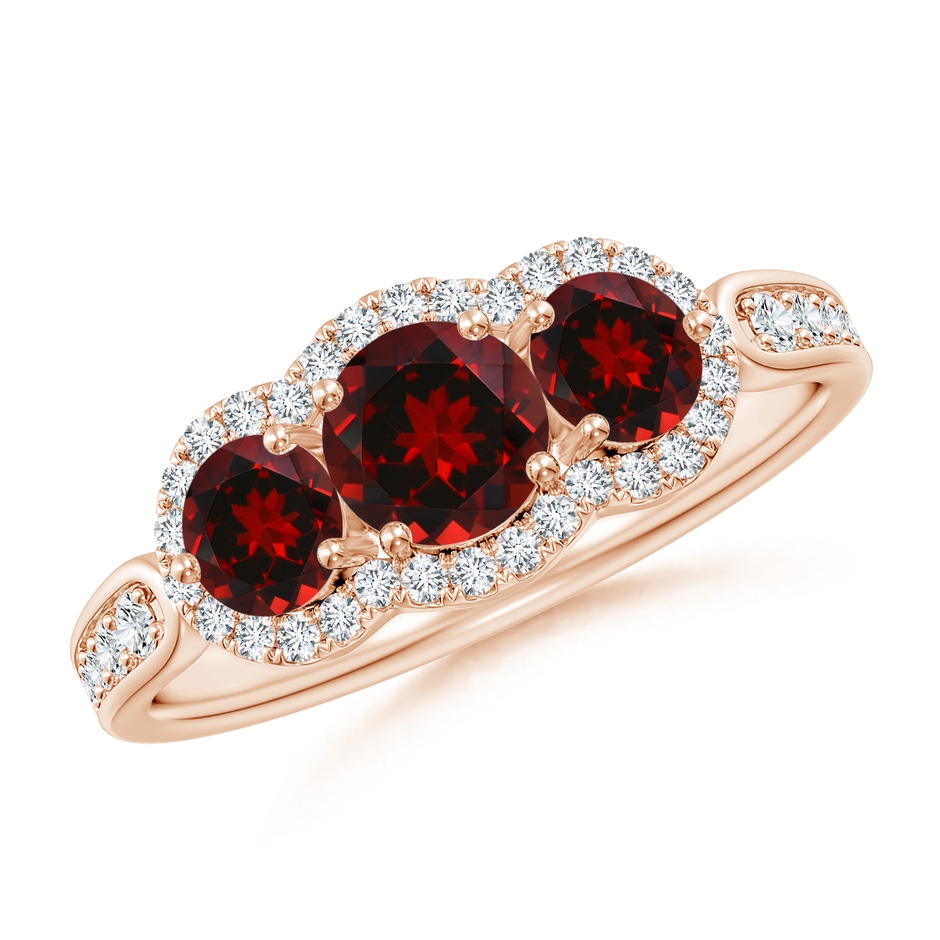 5mm AAAA Floating Three Stone Garnet Ring with Diamond Halo in Rose Gold 