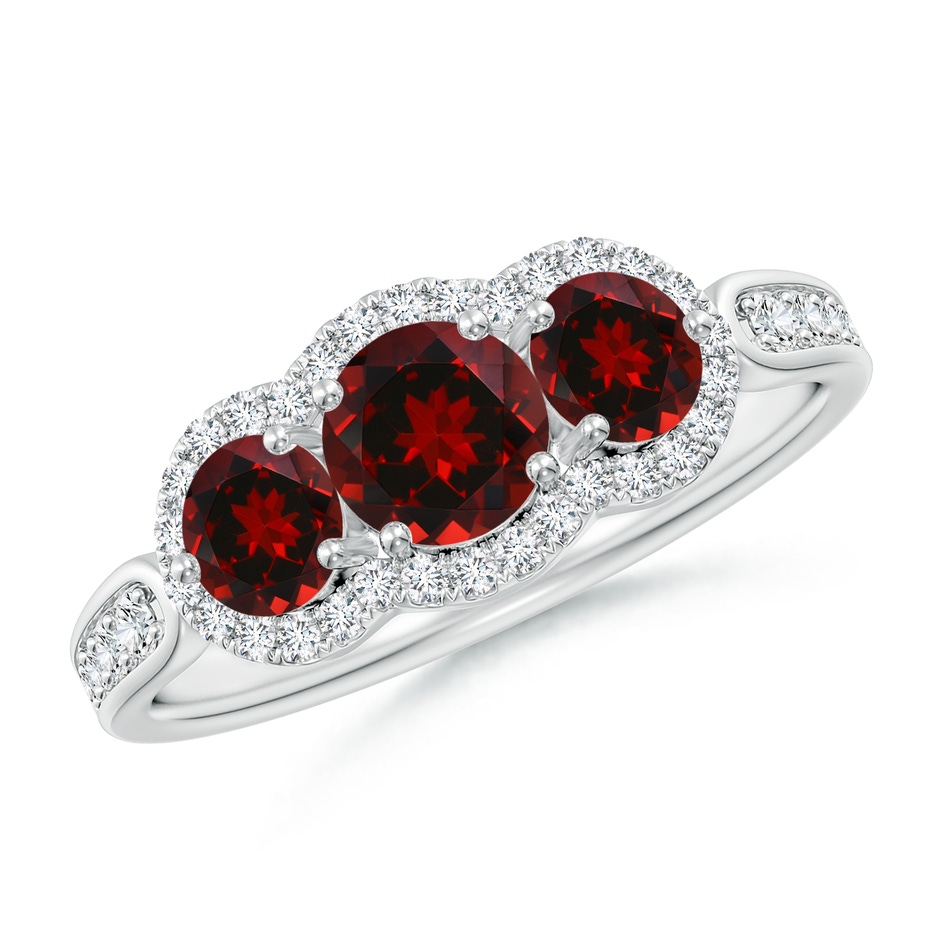 5mm AAAA Floating Three Stone Garnet Ring with Diamond Halo in White Gold 
