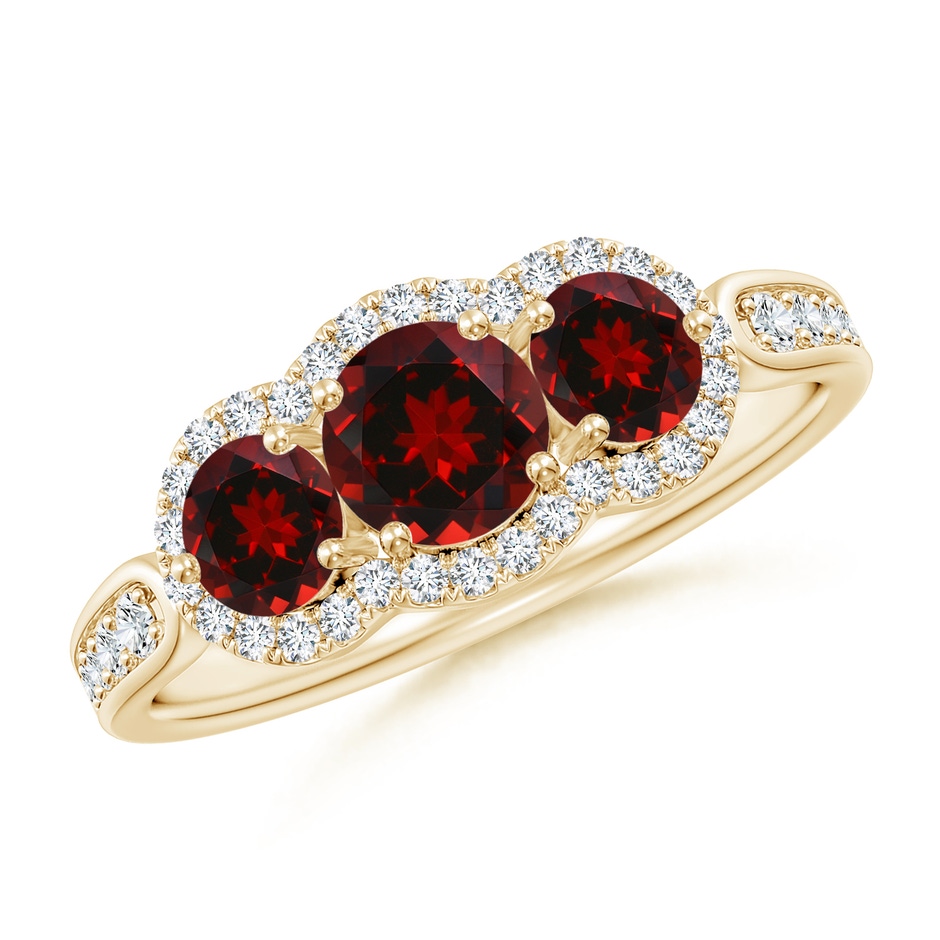 5mm AAAA Floating Three Stone Garnet Ring with Diamond Halo in Yellow Gold 