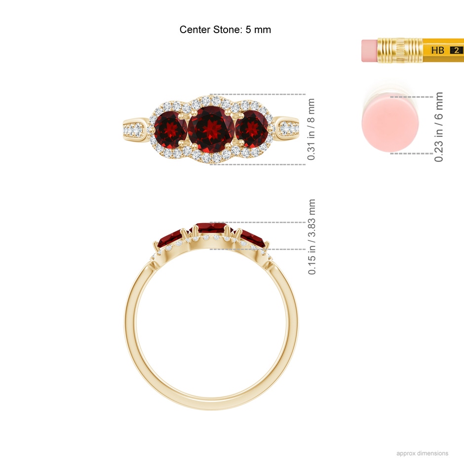 5mm AAAA Floating Three Stone Garnet Ring with Diamond Halo in Yellow Gold ruler