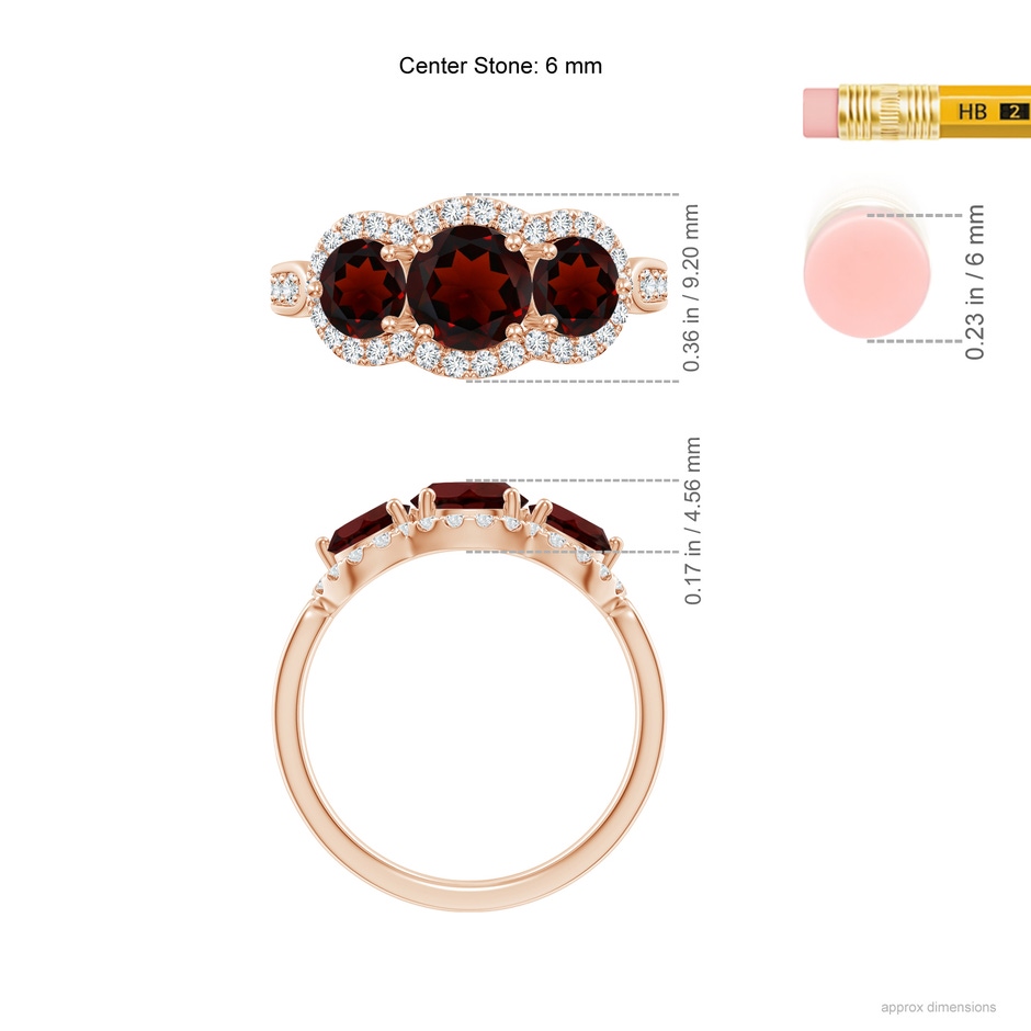 6mm AA Floating Three Stone Garnet Ring with Diamond Halo in Rose Gold ruler