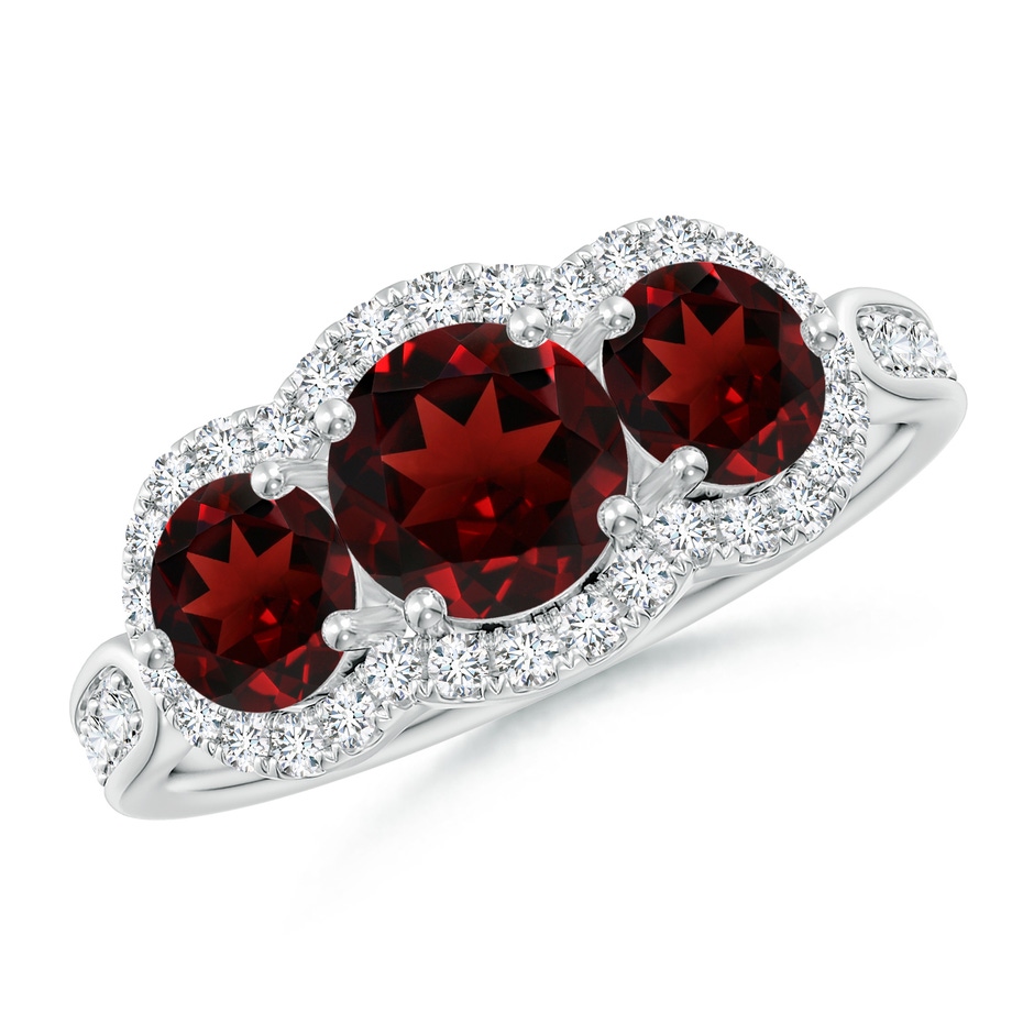 6mm AAA Floating Three Stone Garnet Ring with Diamond Halo in White Gold 