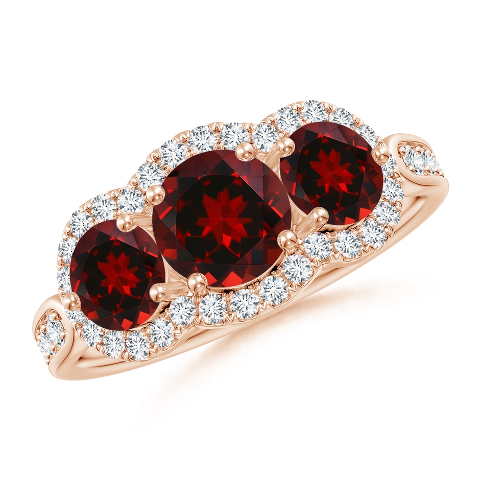 6mm AAAA Floating Three Stone Garnet Ring with Diamond Halo in Rose Gold 
