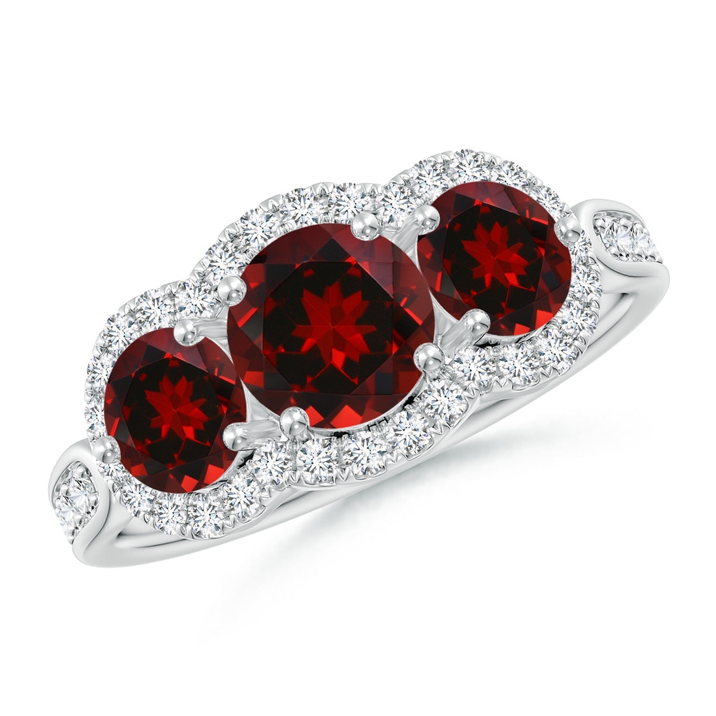 6mm AAAA Floating Three Stone Garnet Ring with Diamond Halo in White Gold