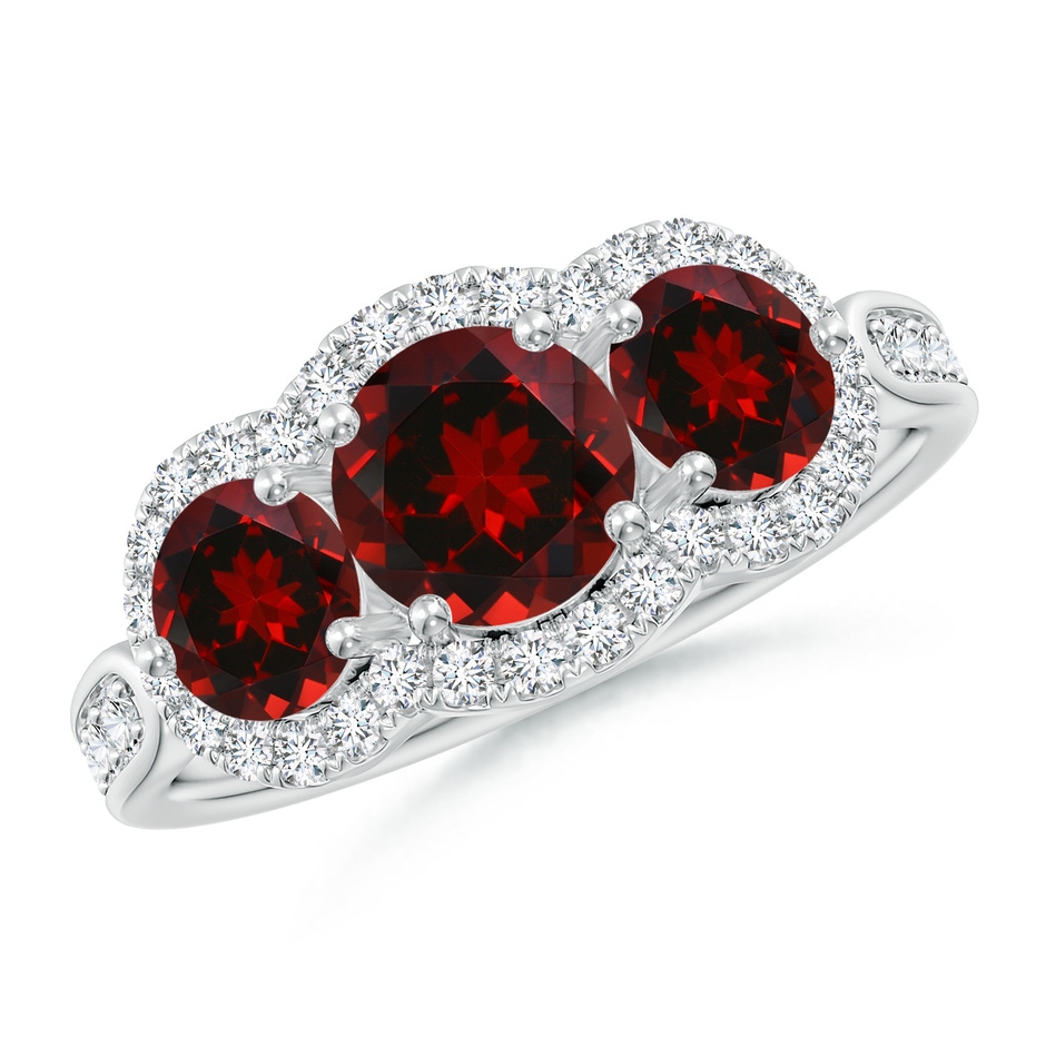 6mm AAAA Floating Three Stone Garnet Ring with Diamond Halo in White Gold 