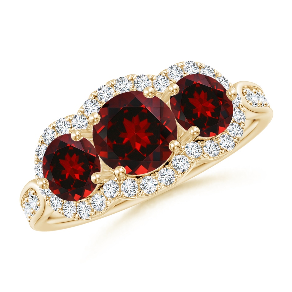 6mm AAAA Floating Three Stone Garnet Ring with Diamond Halo in Yellow Gold 
