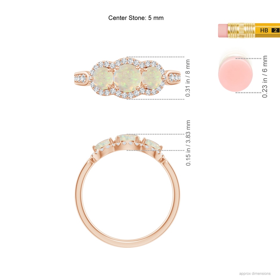 5mm AAA Floating Three Stone Opal Ring with Diamond Halo in Rose Gold ruler