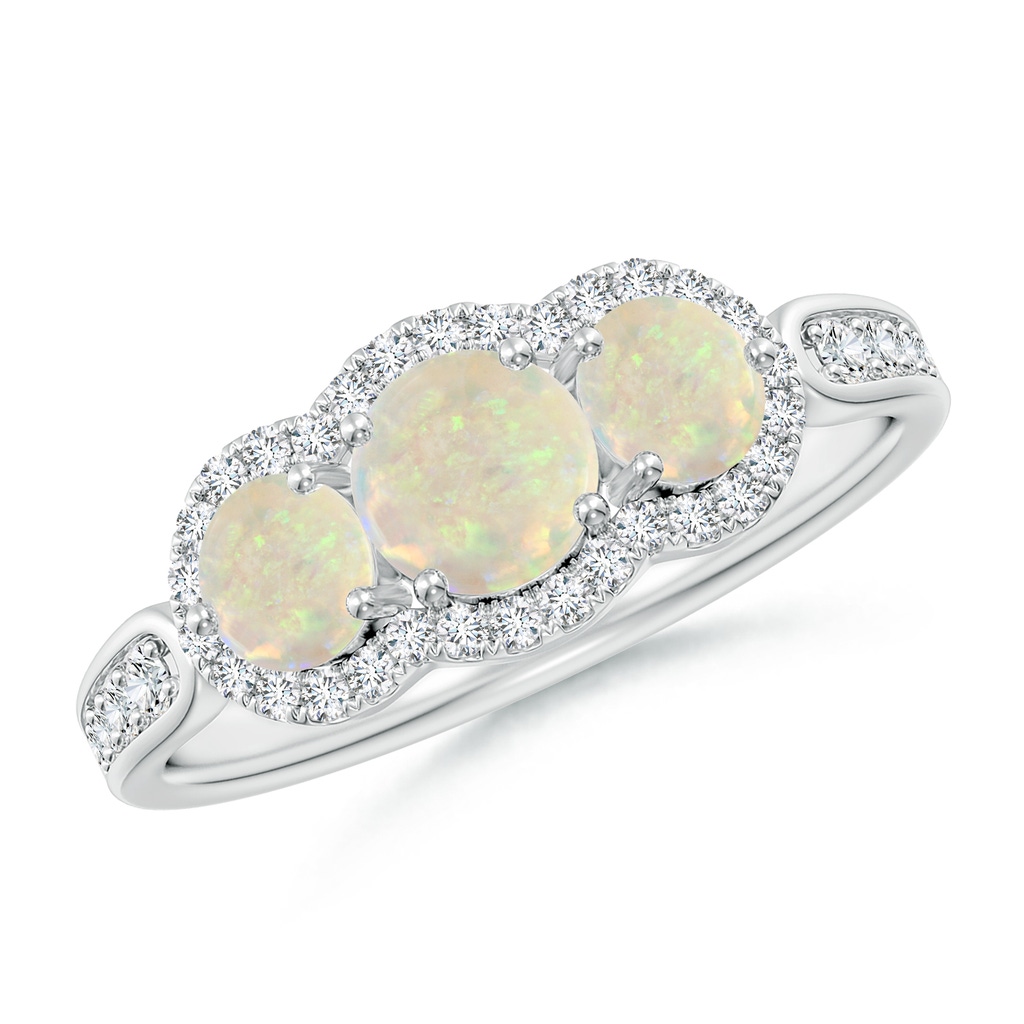 5mm AAA Floating Three Stone Opal Ring with Diamond Halo in White Gold