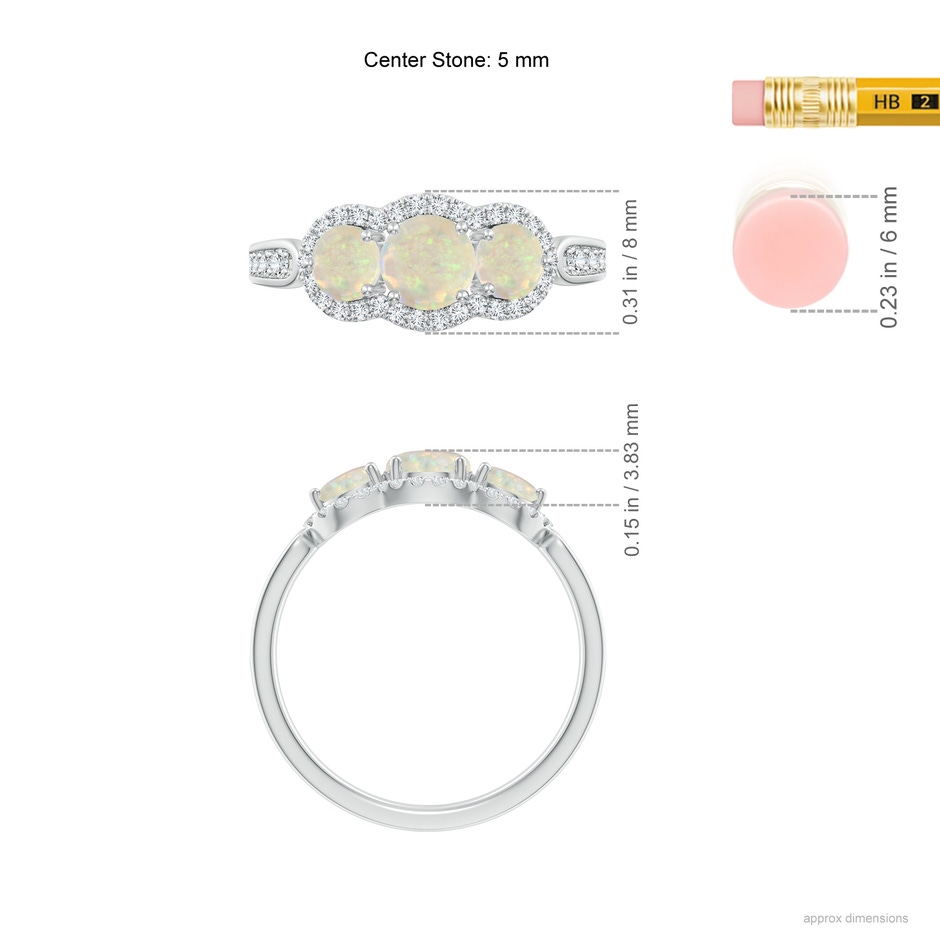 5mm AAA Floating Three Stone Opal Ring with Diamond Halo in White Gold ruler