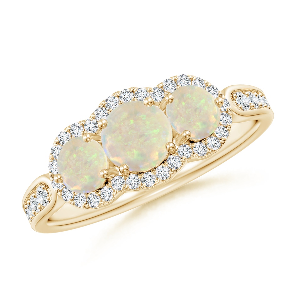 5mm AAA Floating Three Stone Opal Ring with Diamond Halo in Yellow Gold 