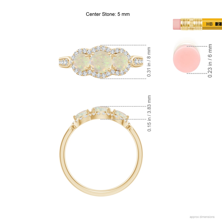 5mm AAA Floating Three Stone Opal Ring with Diamond Halo in Yellow Gold ruler