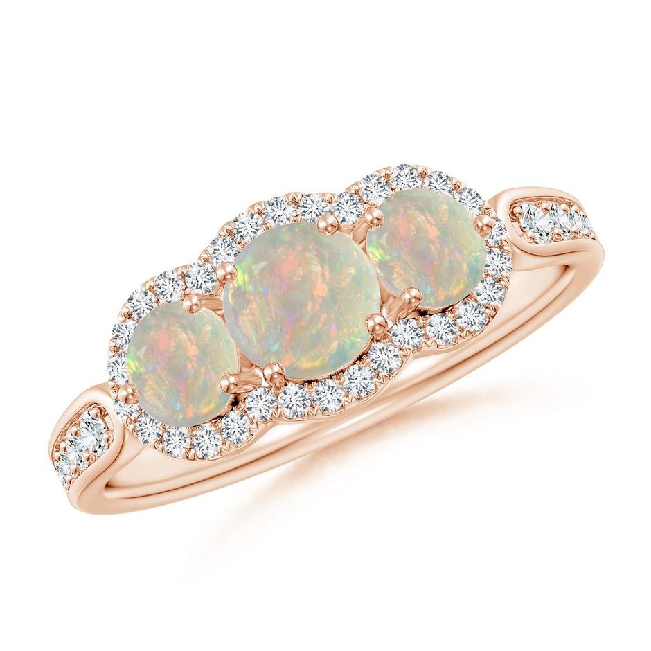 5mm AAAA Floating Three Stone Opal Ring with Diamond Halo in Rose Gold 