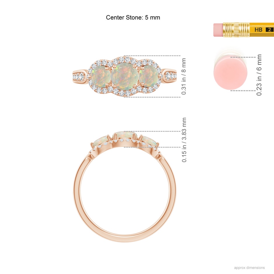 5mm AAAA Floating Three Stone Opal Ring with Diamond Halo in Rose Gold ruler