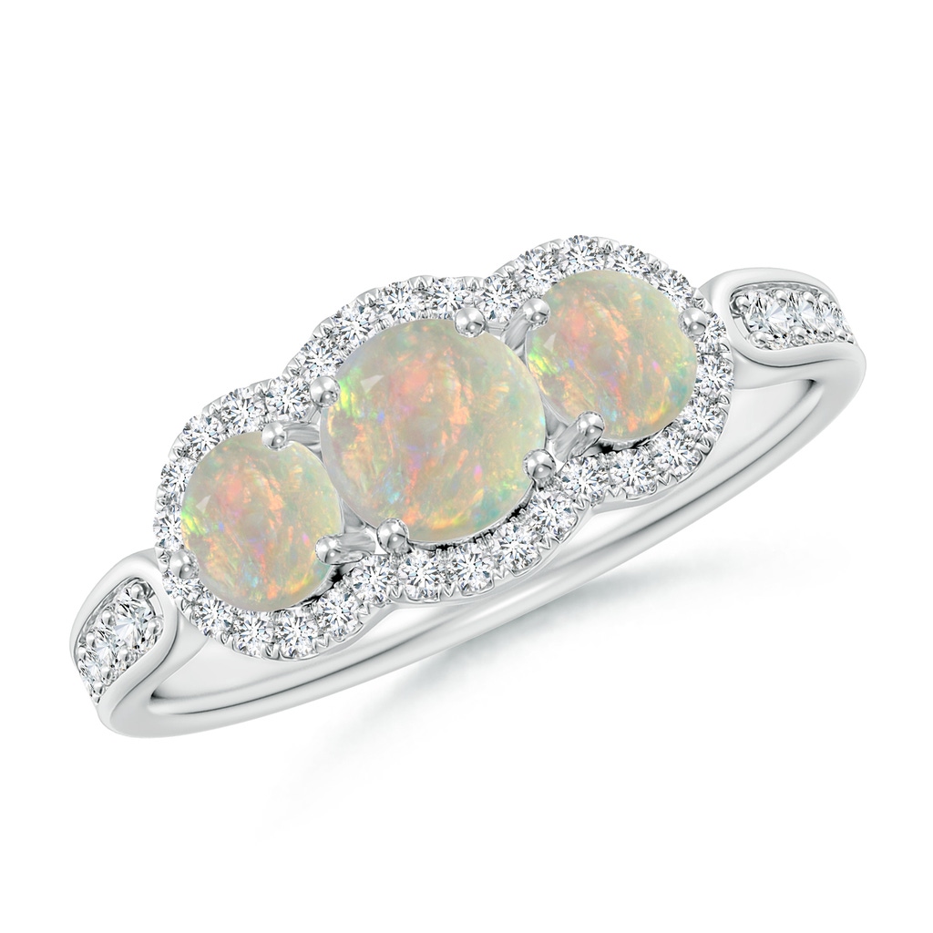 5mm AAAA Floating Three Stone Opal Ring with Diamond Halo in White Gold