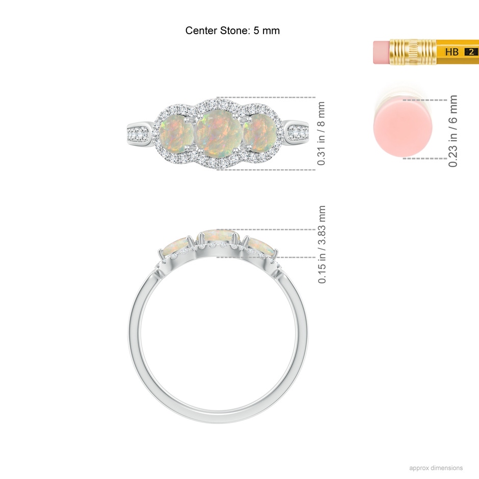 5mm AAAA Floating Three Stone Opal Ring with Diamond Halo in White Gold ruler