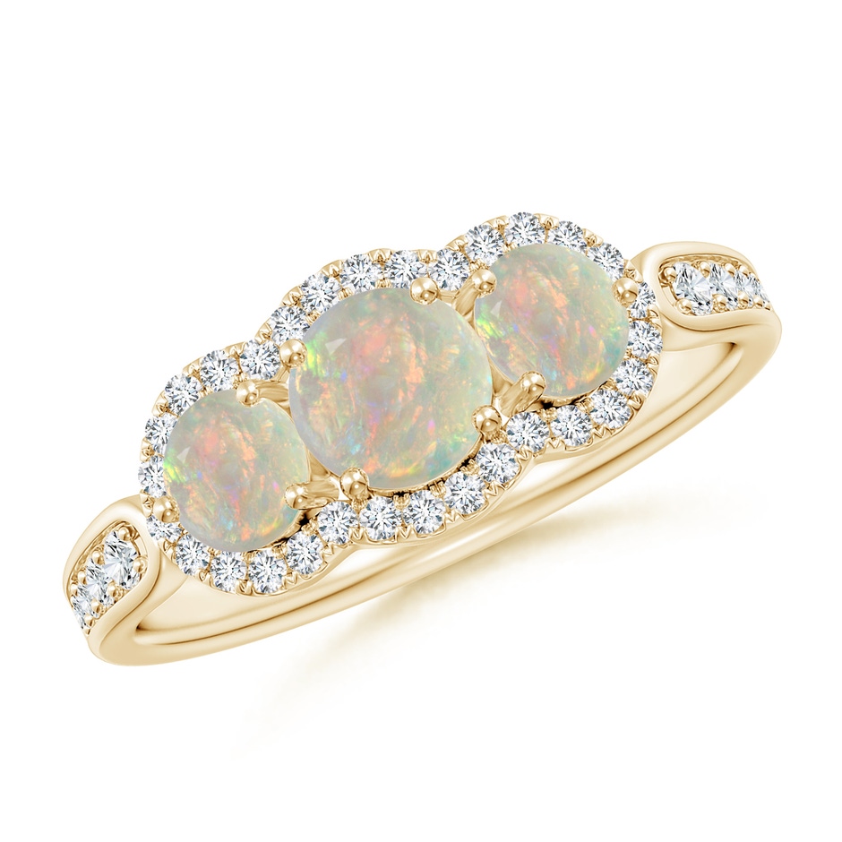 5mm AAAA Floating Three Stone Opal Ring with Diamond Halo in Yellow Gold 