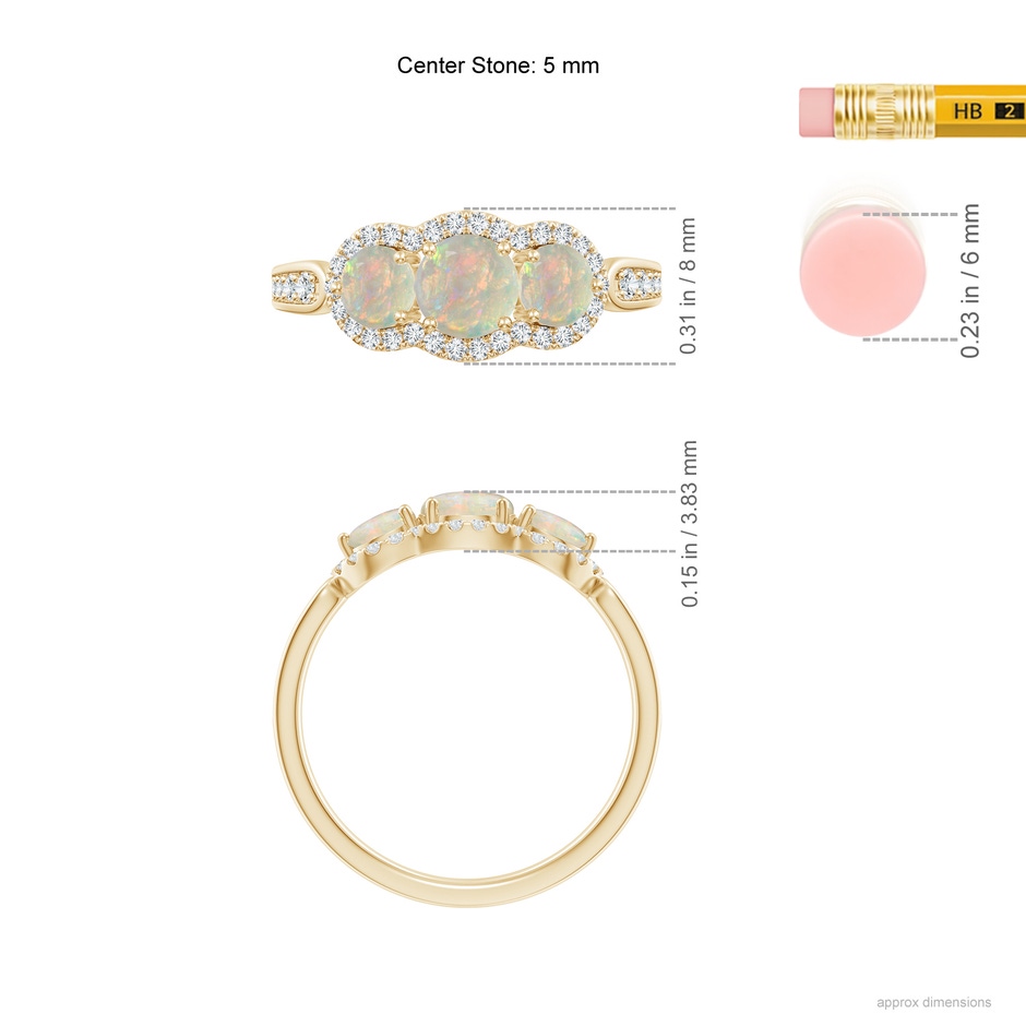 5mm AAAA Floating Three Stone Opal Ring with Diamond Halo in Yellow Gold ruler