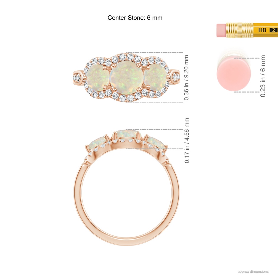 6mm AAA Floating Three Stone Opal Ring with Diamond Halo in Rose Gold ruler