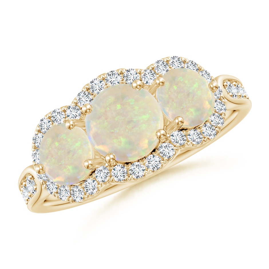 6mm AAA Floating Three Stone Opal Ring with Diamond Halo in Yellow Gold 