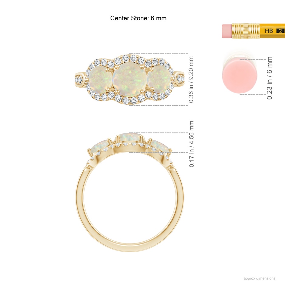 6mm AAA Floating Three Stone Opal Ring with Diamond Halo in Yellow Gold ruler