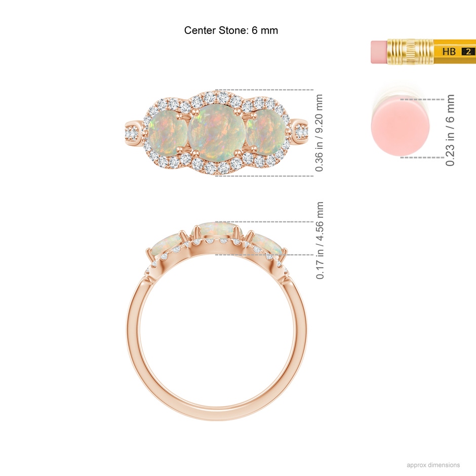 6mm AAAA Floating Three Stone Opal Ring with Diamond Halo in Rose Gold ruler