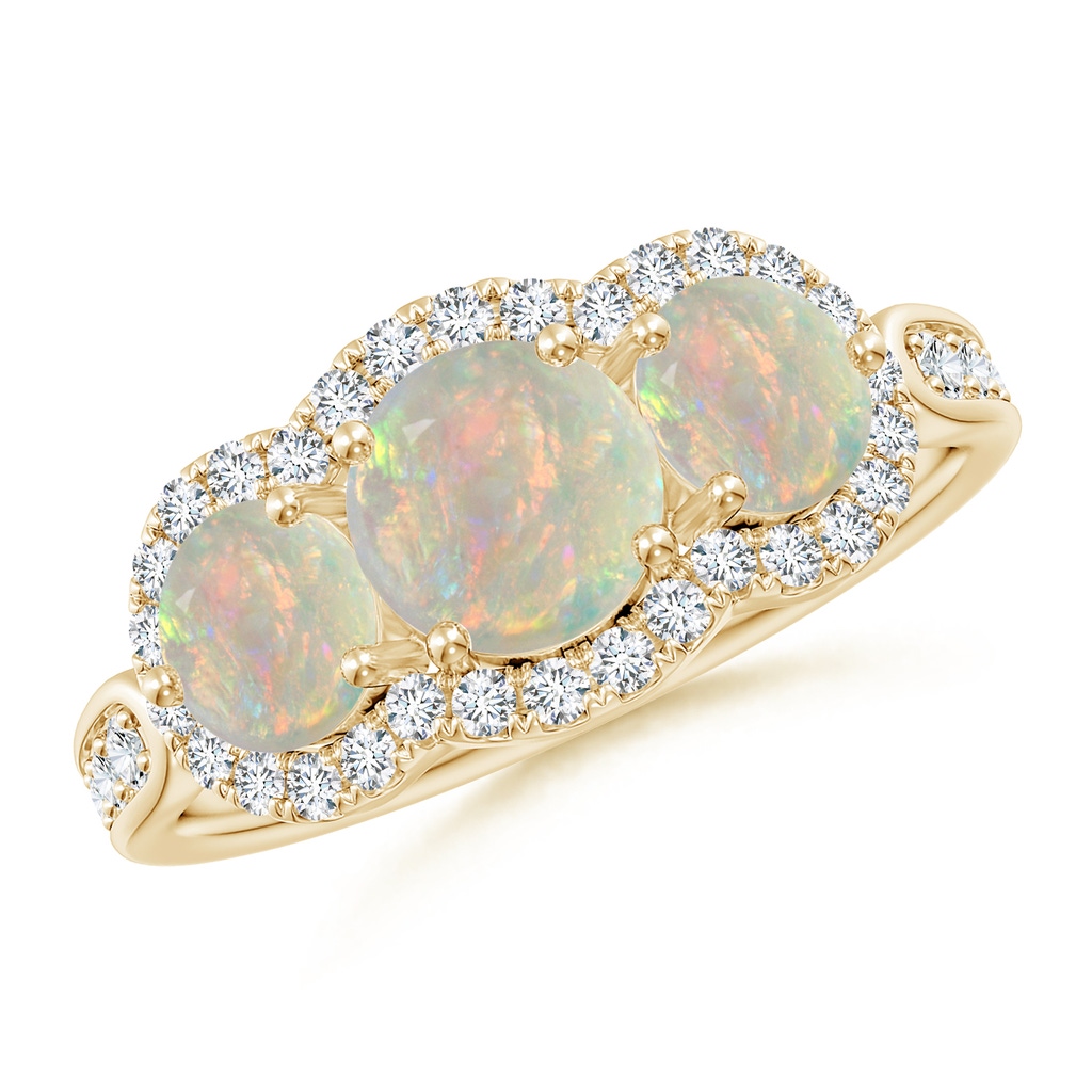 6mm AAAA Floating Three Stone Opal Ring with Diamond Halo in Yellow Gold 