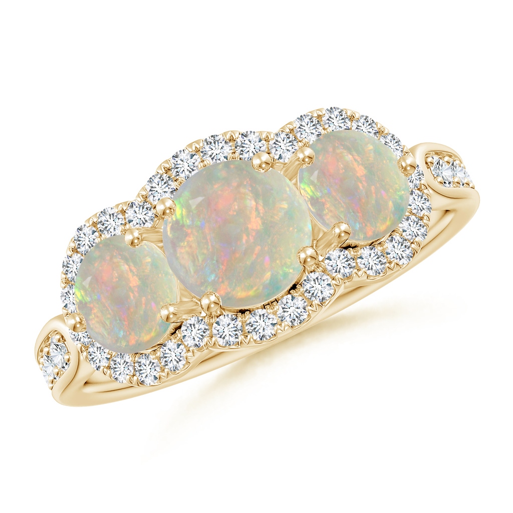 6mm AAAA Floating Three Stone Opal Ring with Diamond Halo in Yellow Gold