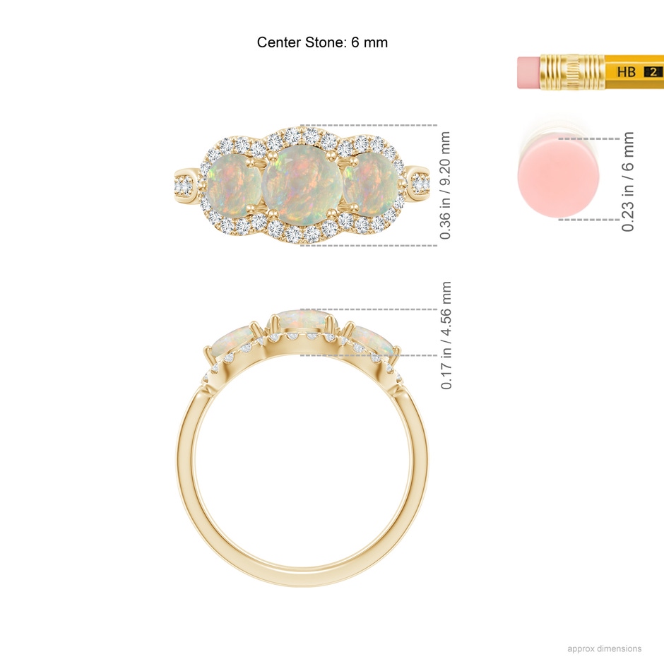 6mm AAAA Floating Three Stone Opal Ring with Diamond Halo in Yellow Gold ruler