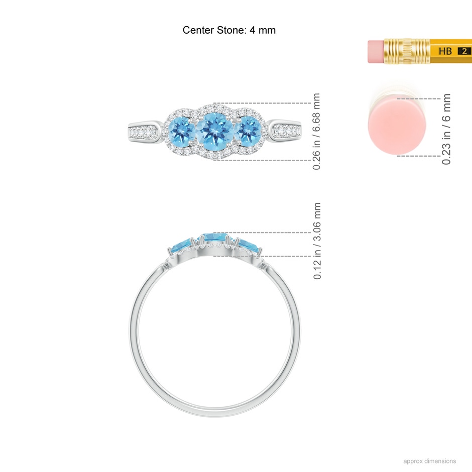 4mm A Floating Three Stone Swiss Blue Topaz Ring with Diamond Halo in P950 Platinum ruler