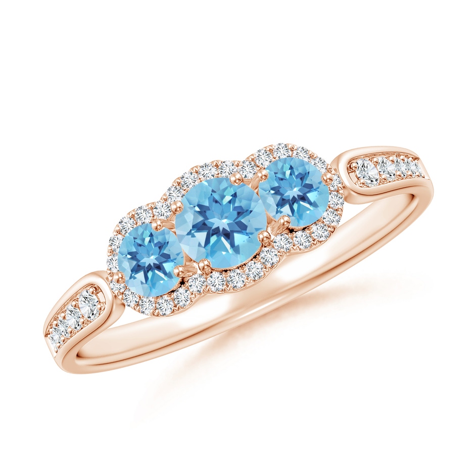 4mm A Floating Three Stone Swiss Blue Topaz Ring with Diamond Halo in Rose Gold 