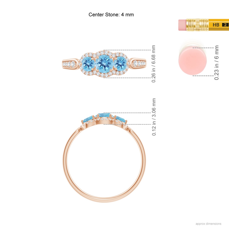4mm A Floating Three Stone Swiss Blue Topaz Ring with Diamond Halo in Rose Gold ruler