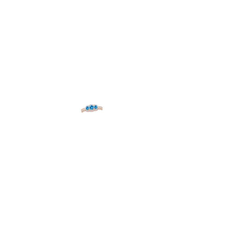 4mm AAA Floating Three Stone Swiss Blue Topaz Ring with Diamond Halo in Rose Gold hand