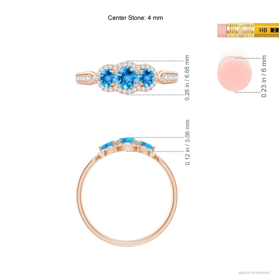 4mm AAA Floating Three Stone Swiss Blue Topaz Ring with Diamond Halo in Rose Gold ruler