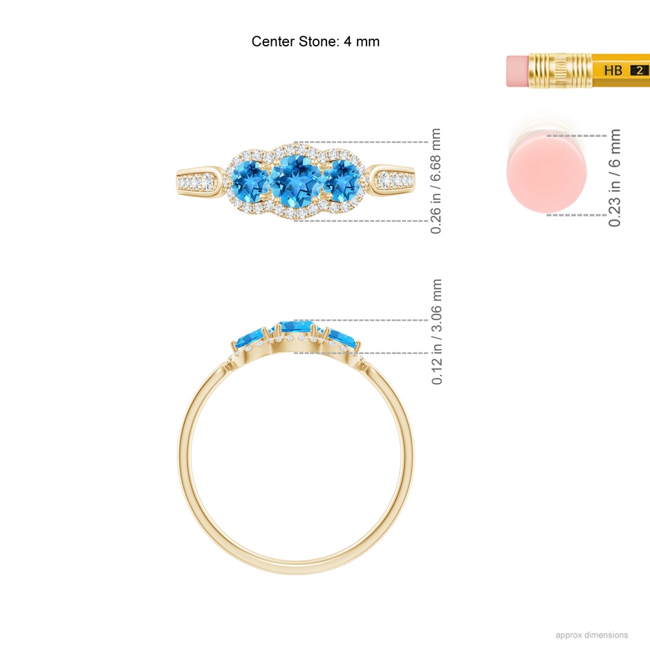 4mm AAA Floating Three Stone Swiss Blue Topaz Ring with Diamond Halo in Yellow Gold ruler
