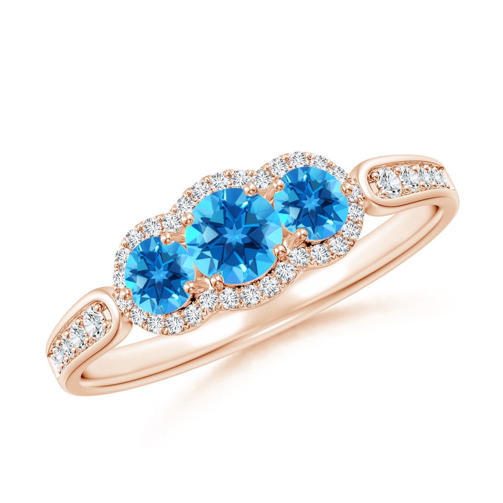 4mm AAAA Floating Three Stone Swiss Blue Topaz Ring with Diamond Halo in Rose Gold
