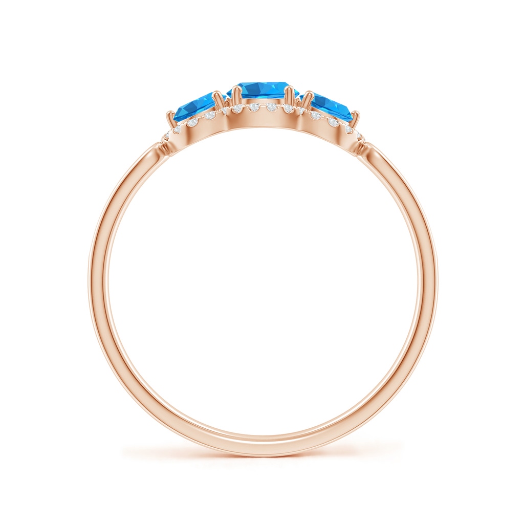 4mm AAAA Floating Three Stone Swiss Blue Topaz Ring with Diamond Halo in Rose Gold - side 199