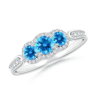 4mm AAAA Floating Three Stone Swiss Blue Topaz Ring with Diamond Halo in White Gold