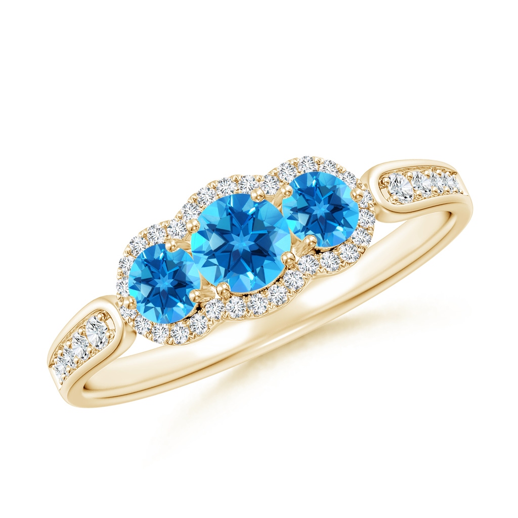4mm AAAA Floating Three Stone Swiss Blue Topaz Ring with Diamond Halo in Yellow Gold