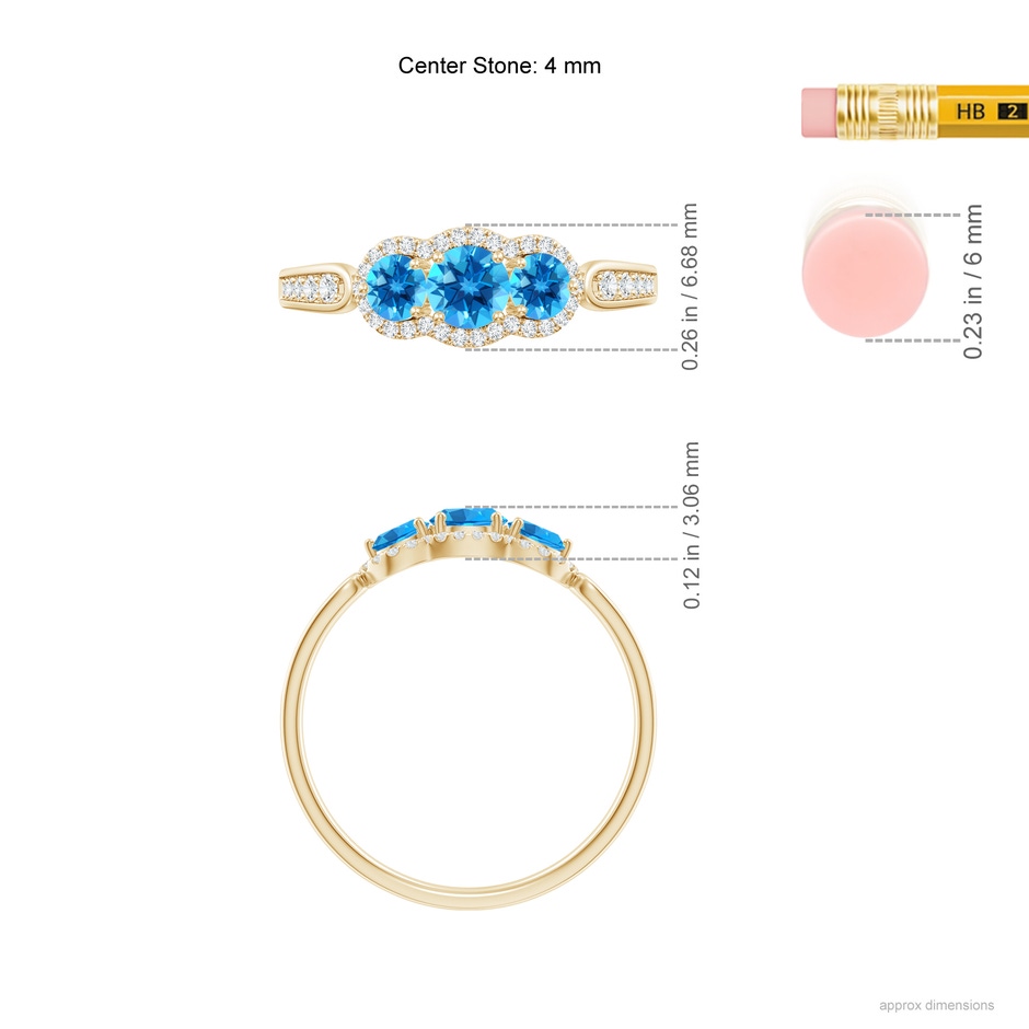 4mm AAAA Floating Three Stone Swiss Blue Topaz Ring with Diamond Halo in Yellow Gold ruler