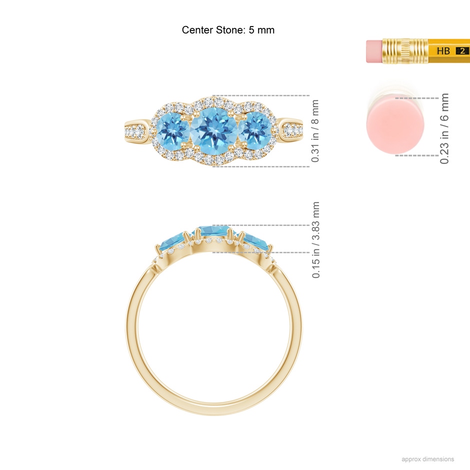 5mm A Floating Three Stone Swiss Blue Topaz Ring with Diamond Halo in 18K Yellow Gold ruler