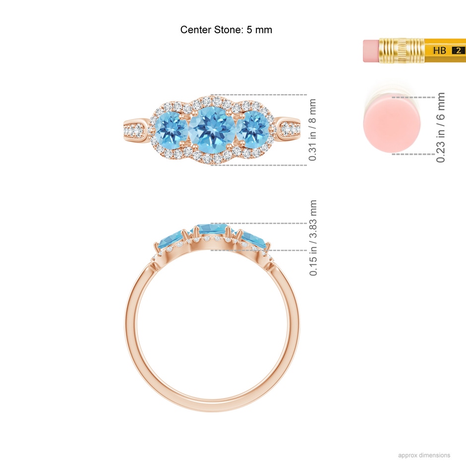5mm A Floating Three Stone Swiss Blue Topaz Ring with Diamond Halo in Rose Gold ruler