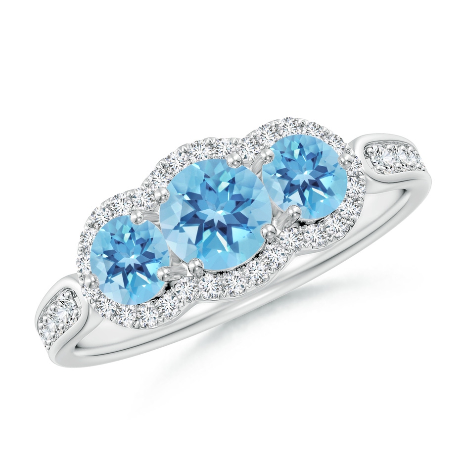 5mm A Floating Three Stone Swiss Blue Topaz Ring with Diamond Halo in White Gold 
