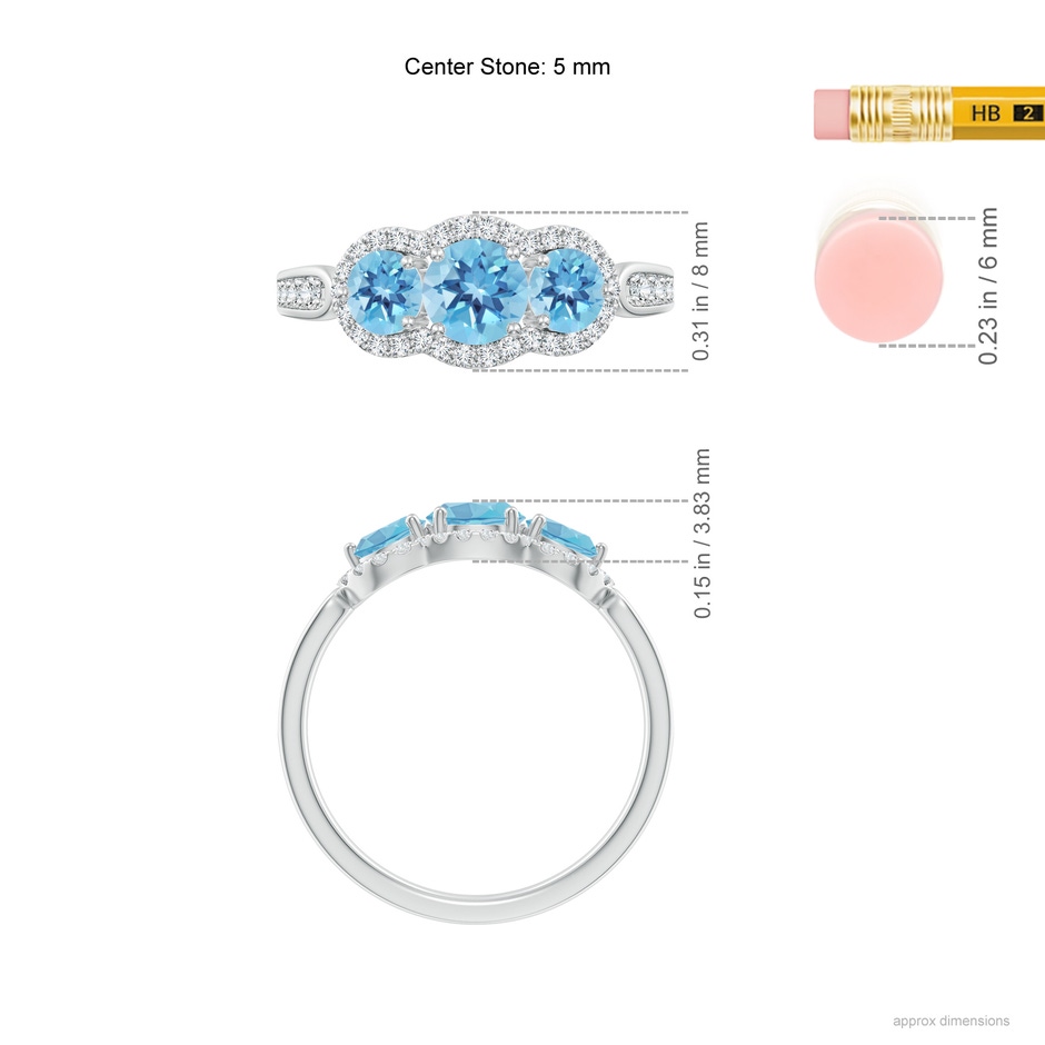 5mm A Floating Three Stone Swiss Blue Topaz Ring with Diamond Halo in White Gold ruler