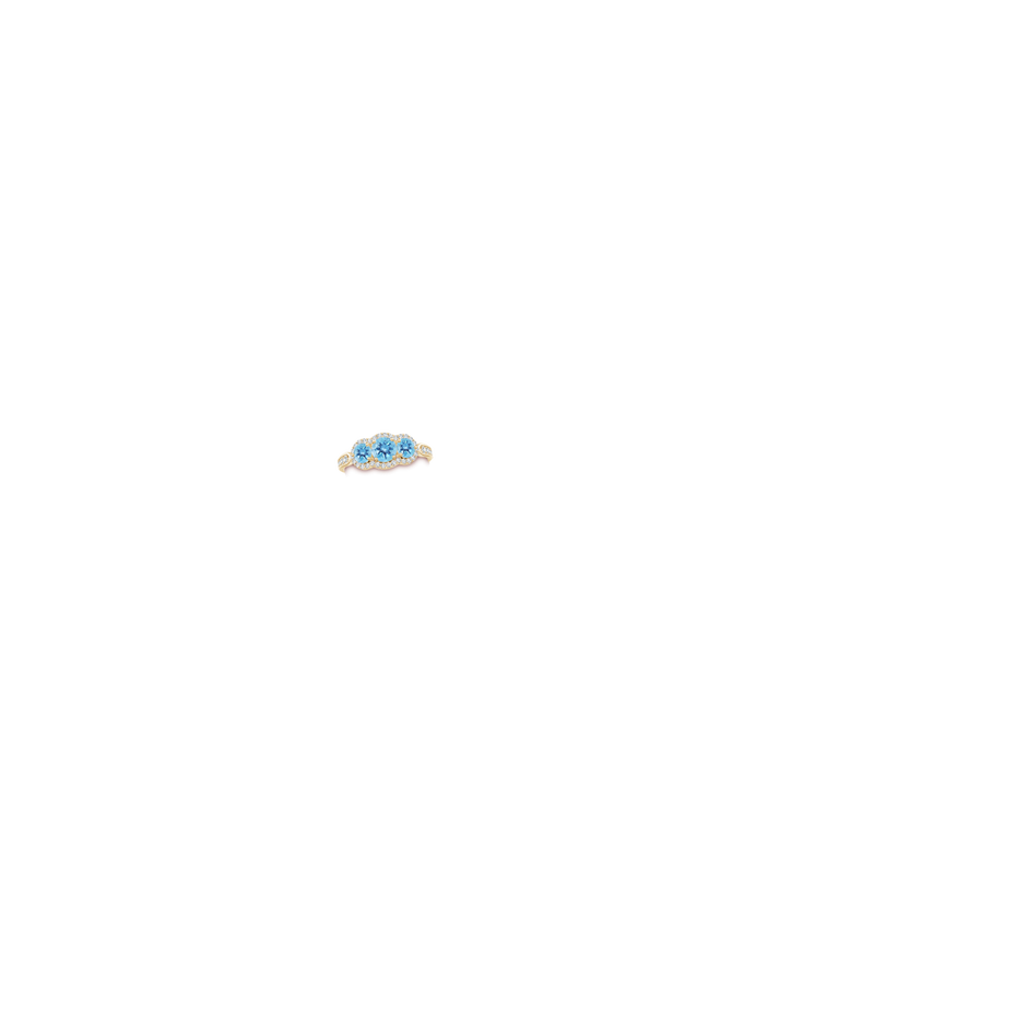 5mm A Floating Three Stone Swiss Blue Topaz Ring with Diamond Halo in Yellow Gold hand