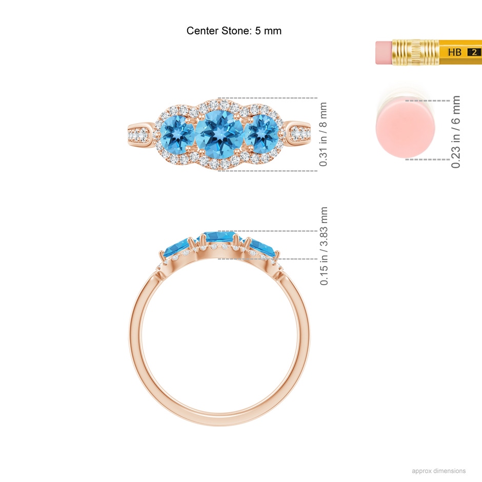 5mm AA Floating Three Stone Swiss Blue Topaz Ring with Diamond Halo in 18K Rose Gold ruler