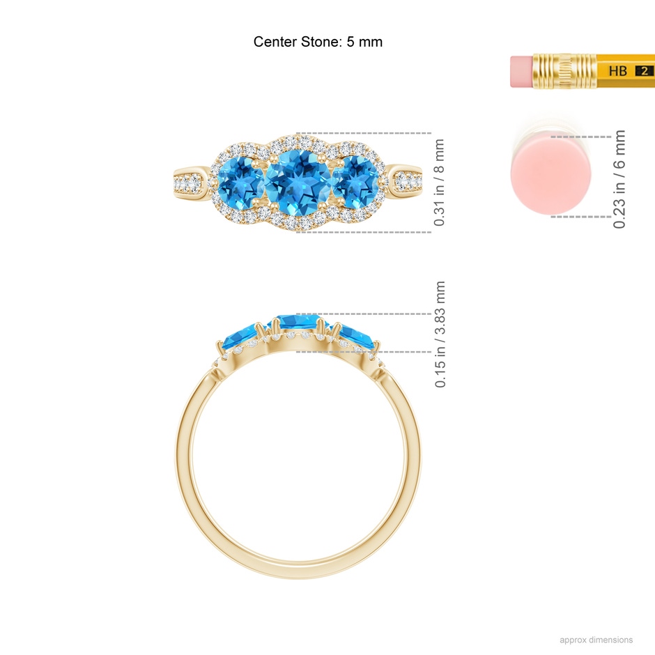 5mm AAA Floating Three Stone Swiss Blue Topaz Ring with Diamond Halo in Yellow Gold ruler